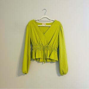 Lime Green V-Neck Pleated Women's Top
